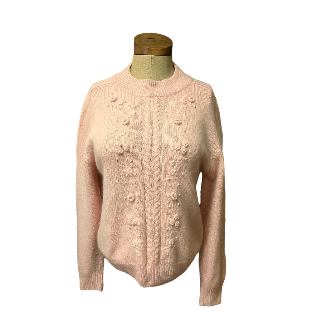 Bramble Lane M Silk Angora Lambswool Faux Pearls Pink Granny Sweater Cable‎ VTG